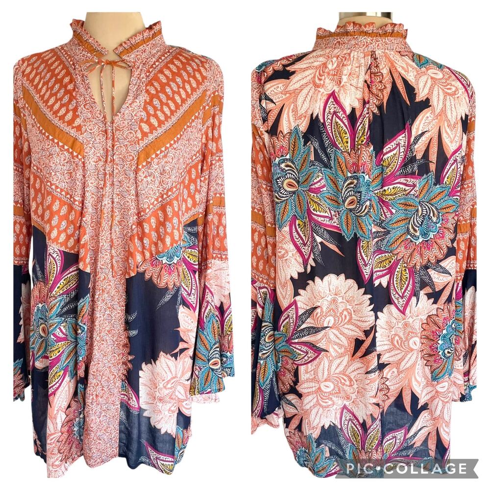 Umgee‎ Floral Print Boho Dress Womens SMALL Bell Cuff Flowy Bohemian Fall
